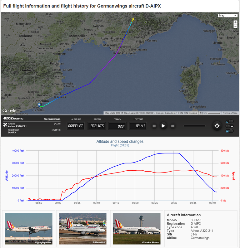 Последнее местоположение самолета Airbus A320 авиакомпании Germanwings, потерпевшего крушение во Франции