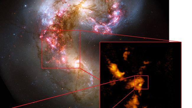 Композитный снимок галактик NGC 4038 и NGC 4039, полученный при помощи ALMA и ряда других телескопов Композитный снимок галактик NGC 4038 и NGC 4039, полученный при помощи ALMA и ряда других телескопов