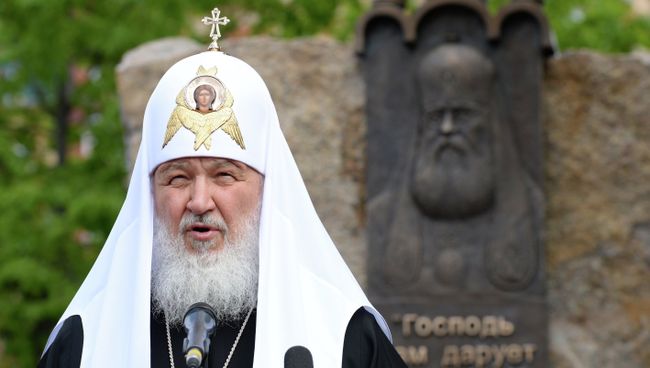 Патриарх Московский и всея Руси Кирилл на церемонии открытия и освящения стелы в память патриарха Сергия в Ульяновске