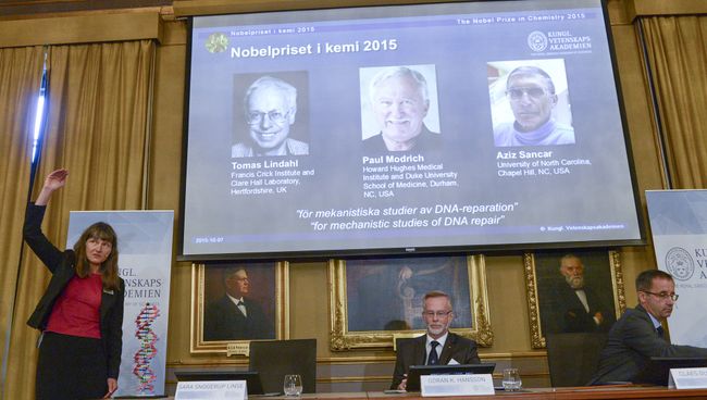 Лауреаты Нобелевской премии в области химии Томас Линдаль, Пол Модрич и Азиз Санкар Лауреаты Нобелевской премии в области химии Томас Линдаль, Пол Модрич и Азиз Санкар