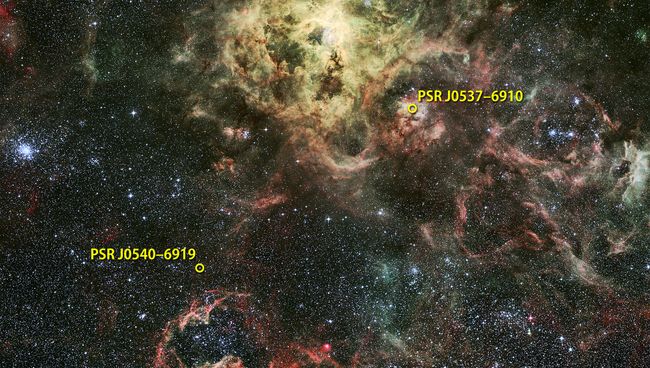 Гамма-пульсар PSR J0540-6919 на окраине туманности Тарантул