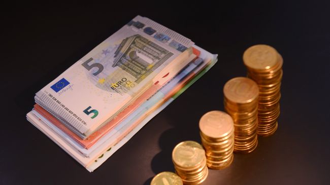 Денежные купюры и монеты России и Европейского Союза. Архивное фото