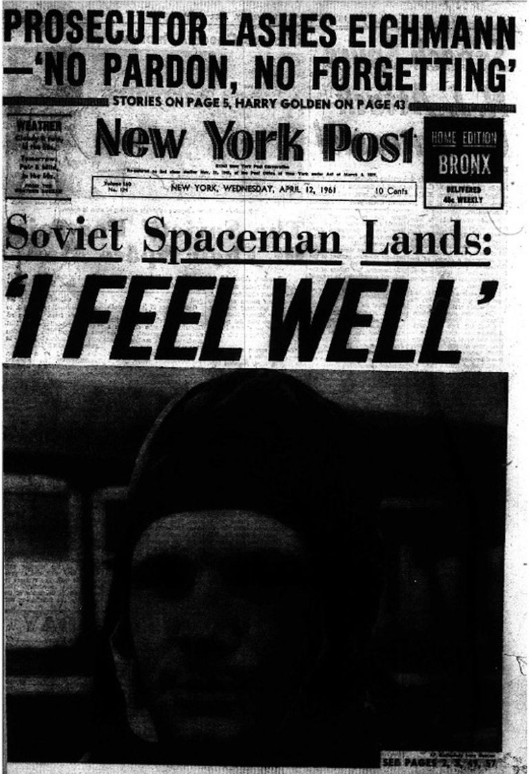 Первая полоса газеты New York Post с фотографией Юрия Гагарина  