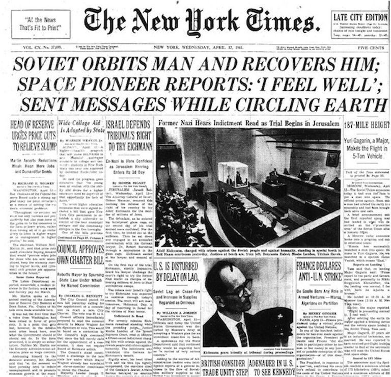 Первая полоса газеты The New York Times с сообщением о полете Юрия Гагарина