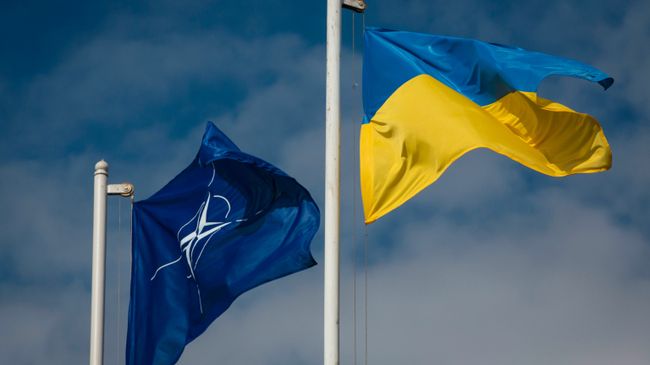 Национальный флаг Украины и флаг Организации Североатлантического договора (НАТО). Архивное фото Национальный флаг Украины и флаг Организации Североатлантического договора (НАТО). Архивное фото