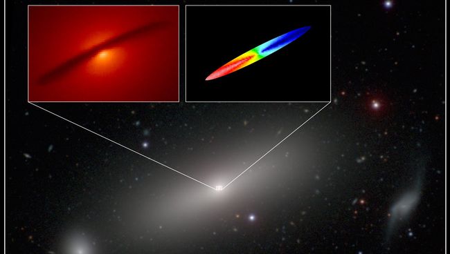 Фотография галактики NGC1332 с наложенной на нее картой движения молекул СО в ее центре Фотография галактики NGC1332 с наложенной на нее картой движения молекул СО в ее центре