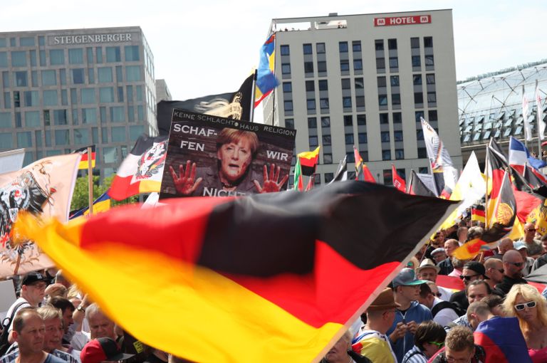 Участники акции протеста в Берлине против политики Ангелы Меркель