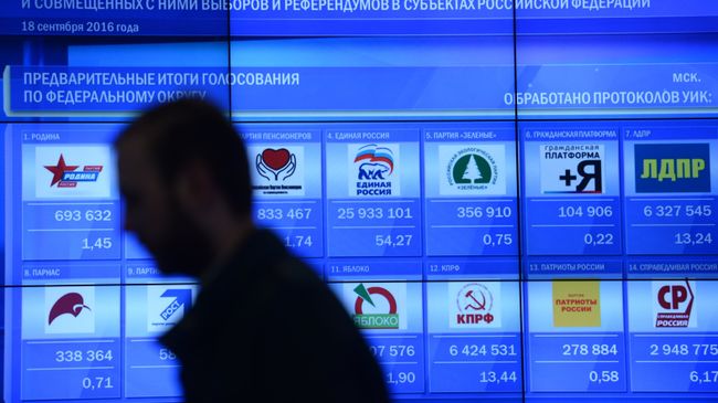 Предварительные результаты выборов в Государственную Думу РФ на инфоэкране в Центральной избирательной комиссии РФ. 19 сентября 2016