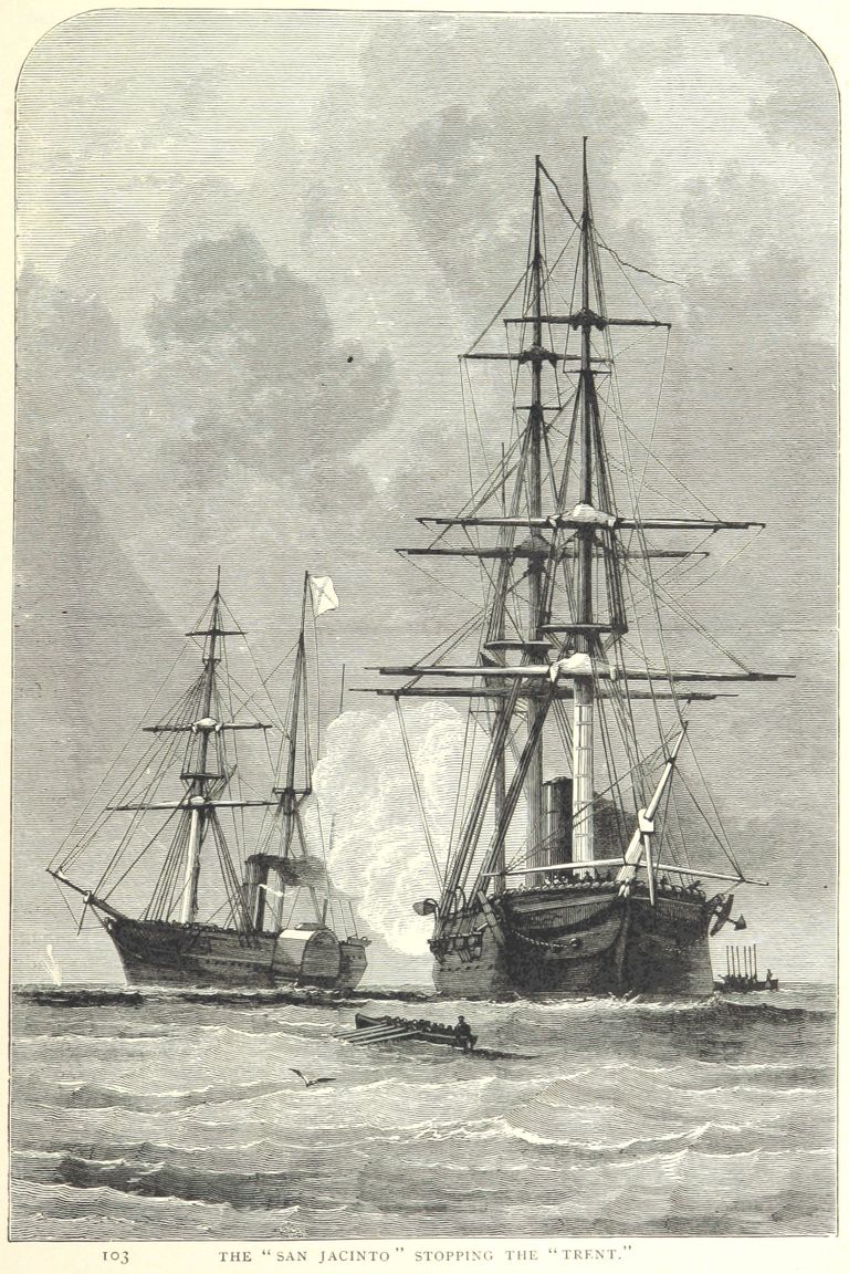 Корабль войск Союза USS San Jacinto и британское почтовое судно RMS Trent. 8 ноября 1861 года Корабль войск Союза USS San Jacinto и британское почтовое судно RMS Trent. 8 ноября 1861 года