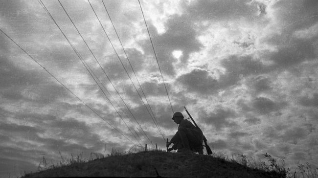 Связист тянет провода полевой армейской связи. 1942 год Связист тянет провода полевой армейской связи. 1942 год