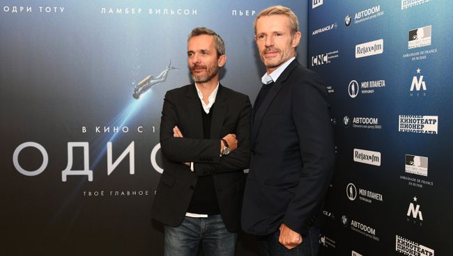 Режиссер Жером Салль и актер Ламбер Вильсон на презентации фильма Одиссея в кинотеатре Пионер в Москве