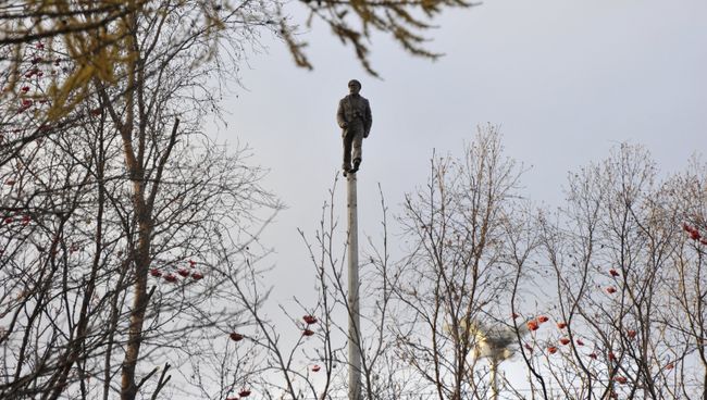 Памятник Морскому волку, установленный на восьмиметровой колонне, в Мурманске