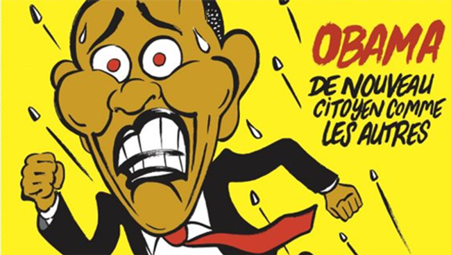 Обложка журнала Charlie Hebdo с карикатурой убегающего от полицейских Барака Обамы Обложка журнала Charlie Hebdo с карикатурой убегающего от полицейских Барака Обамы