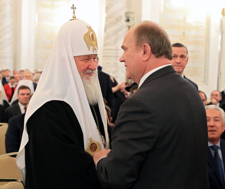 Патриарх Московский и всея Руси Кирилл и председатель ЦК КПРФ Геннадий Зюганов перед началом ежегодного послания президента РФ Владимира Путина Федеральному Собранию в Кремле