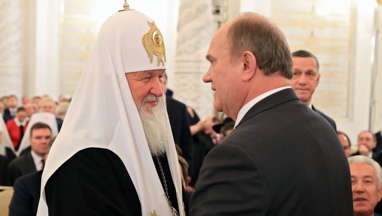 Патриарх Московский и всея Руси Кирилл и председатель ЦК КПРФ Геннадий Зюганов перед началом ежегодного послания президента РФ Владимира Путина Федеральному Собранию в Кремле