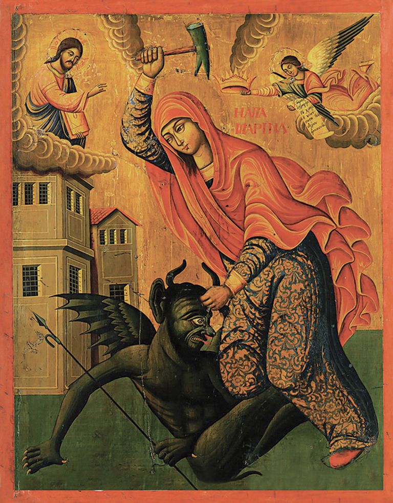 Икона Святая Марина Антиохийская, побивающая беса. 1857 год. Лазарос. Афины. Хранится в Византийском музее (Греция) Икона Святая Марина Антиохийская, побивающая беса. 1857 год. Лазарос. Афины. Хранится в Византийском музее (Греция)