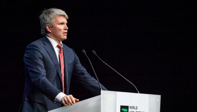 Министр спорта РФ Павел Колобков выступает на симпозиуме Всемирного антидопингового агентства (WADA) в Швейцарии. 13 марта 2017