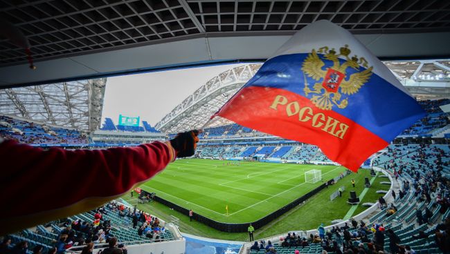 Болельщик с флагом России на трибуне стадиона Фишт в Сочи. Архивное фото Болельщик с флагом России на трибуне стадиона Фишт в Сочи. Архивное фото