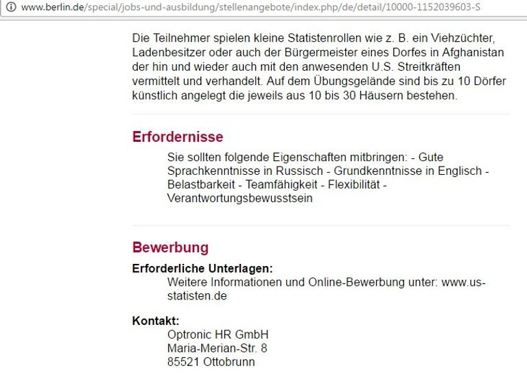 Скриншот сайта berlin.de с описанием вакансии Скриншот сайта berlin.de с описанием вакансии