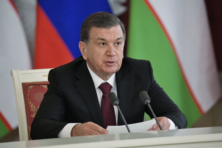 Президент Узбекистана Шавкат Мирзиеев во время совместной с президентом РФ Владимиром Путиным пресс-конференции по итогам переговоров. 5 апреля 2017 года 