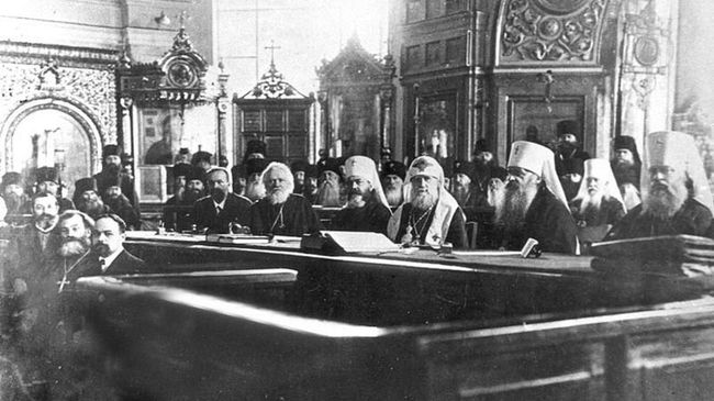 Заседание Поместного собора Русской православной церкви в Соборной палате Московского епархиального дома. 1917 год. Архивное фото