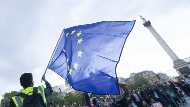 Сторонники членства в Евросоюзе во время митинга на Трафальгарской площади. Архивное фото Сторонники членства в Евросоюзе во время митинга на Трафальгарской площади. Архивное фото