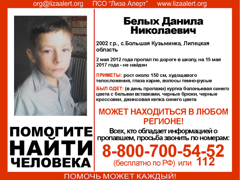 Ориентировка на пропавшего ребенка от ПСО Лиза Алерт