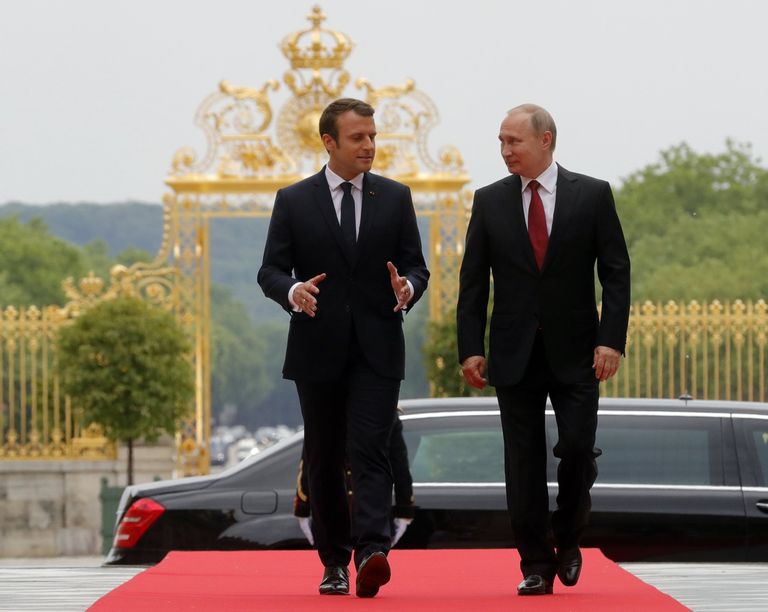 Президент РФ Владимир Путин и президент Франции Эммануэль Макрон во время встречи в Париже. 29 мая 2017