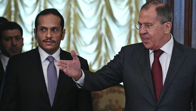 Министр иностранных дел РФ Сергей Лавров и министр иностранных дел Катара Мухаммед Аль Тани во время встречи в Москве. 10 июня 2017 Министр иностранных дел РФ Сергей Лавров и министр иностранных дел Катара Мухаммед Аль Тани во время встречи в Москве. 10 июня 2017