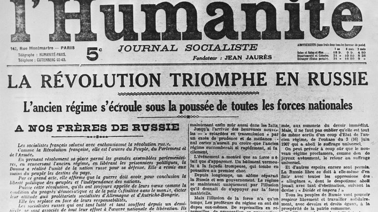 Французская газета Юманите от 17 марта 1917 года. Заголовок: Революция побеждает в России Французская газета Юманите от 17 марта 1917 года. Заголовок: Революция побеждает в России