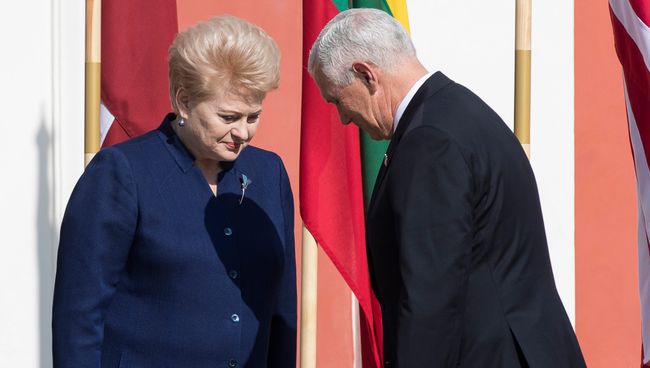 Президент Литвы Даля Грибаускайте и вице-президент США Майк Пенс во время встречи в Эстонии Президент Литвы Даля Грибаускайте и вице-президент США Майк Пенс во время встречи в Эстонии