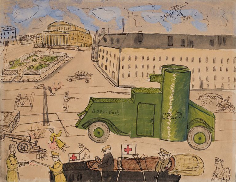 Детский рисунок Бой на Театральной площади. 1917 год Детский рисунок Бой на Театральной площади. 1917 год