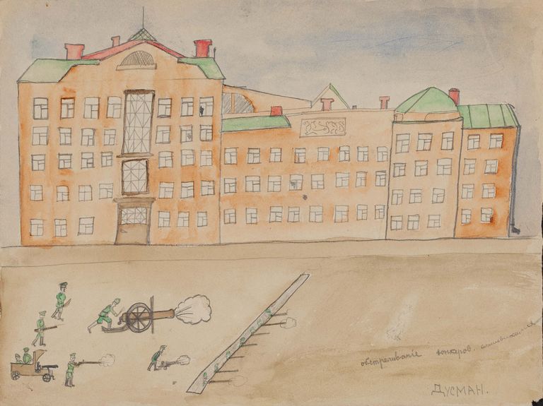 Детский рисунок Обстреливание юнкеров большевиками. 1917 год Детский рисунок Обстреливание юнкеров большевиками. 1917 год