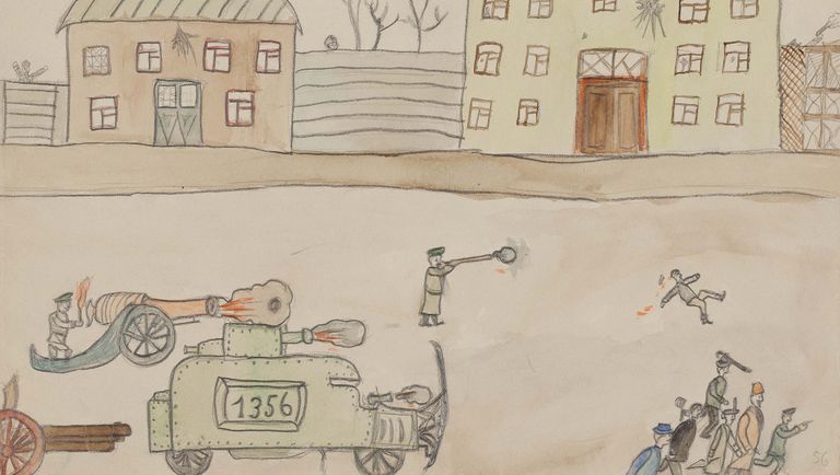 Детский рисунок Стрельба по Красной гвардии. 1917 год Детский рисунок Стрельба по Красной гвардии. 1917 год