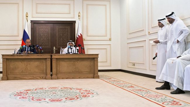 Министр иностранных дел РФ Сергей Лавров и министр иностранных дел Катара Мухаммед Бен Абдель Рахман Бен Джасем Аль Тани. 30 августа 2017