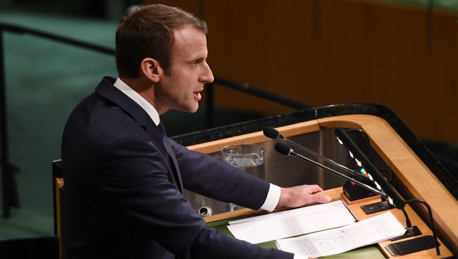 Президент Франции Эммануэль Макрон выступает на заседании Генеральной Ассамблеи ООН в Нью-Йорке. 19 сентября 2017