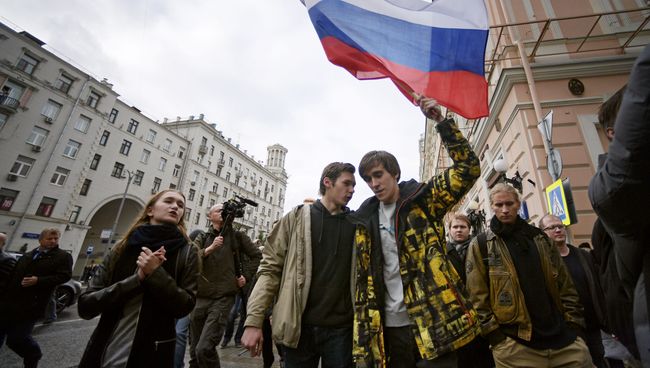 Участники во время несанкционированной акции на Тверской улице в Москве. 7 октября 2017 Участники во время несанкционированной акции на Тверской улице в Москве. 7 октября 2017
