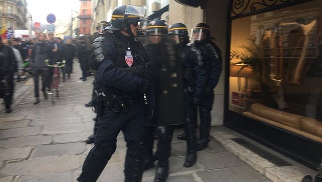 Во время акции протеста в Париже против политики Эммануэля Макрона. 18 ноября 2017