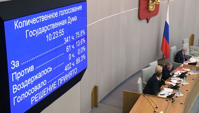 Информационное табло о количественном голосовании на пленарном заседании Государственной Думы РФ