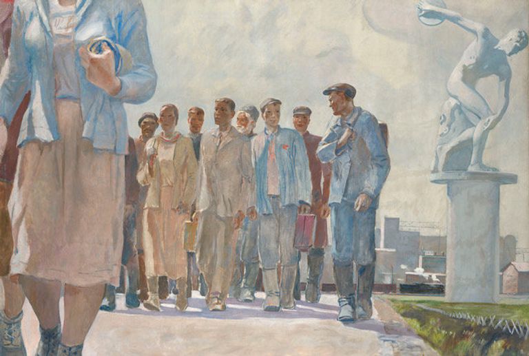 Картина Александра Дайнеки Герои первой пятилетки, 1936 Картина Александра Дайнеки Герои первой пятилетки, 1936