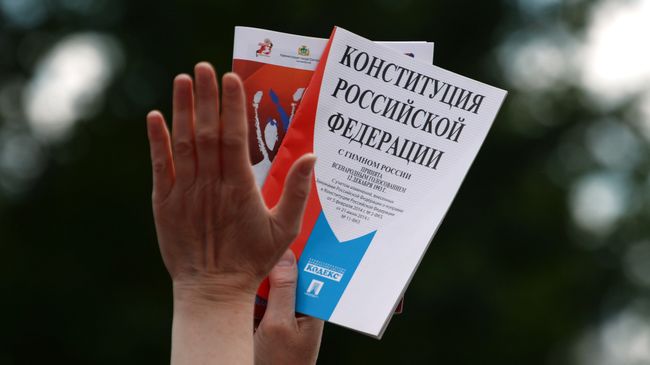 Участник празднования Дня России с Конституцией в руках Участник празднования Дня России с Конституцией в руках