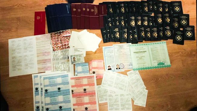 Документы и бланки, изъятые в ходе задержания участников этнической группы, причастной к организации канала легализации в РФ незаконных мигрантов из Центрально-Азиатского региона. 22 декабря 2017
