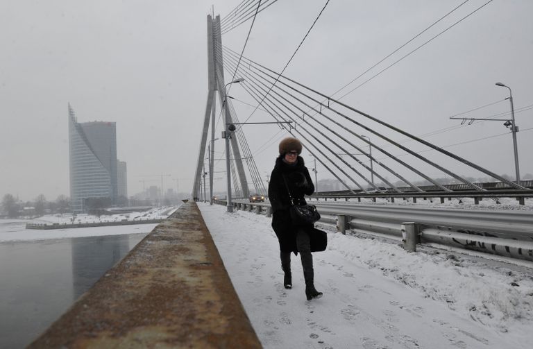 Прохожая на Вантовом мосту через реку Даугава в Риге