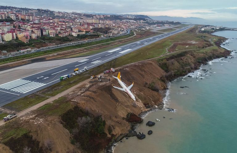 Пассажирский самолет Pegasus Airlines Boeing 737 на набережной, куда он выкатился со взлетно-посадочной полосы, после посадки в аэропорту Трабзона на побережье Черного моря. 14 января 2018 Пассажирский самолет Pegasus Airlines Boeing 737 на набережной, куда он выкатился со взлетно-посадочной полосы, после посадки в аэропорту Трабзона на побережье Черного моря. 14 января 2018