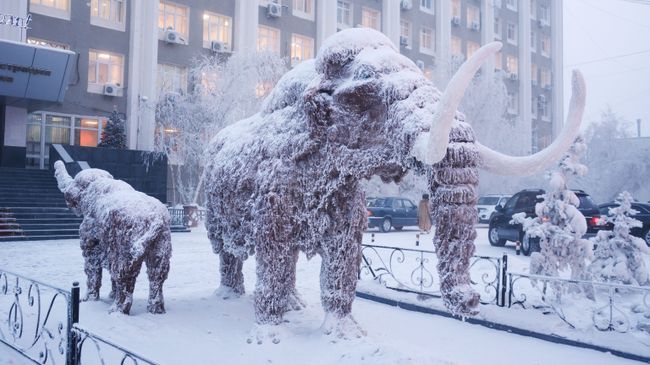 Скульптура мамонта возле здания окружной администрации города Якутска