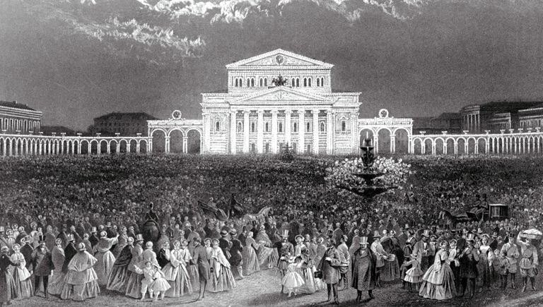Репродукция литографии 1856 года Иллюминация Большого театра в день коронации Репродукция литографии 1856 года Иллюминация Большого театра в день коронации