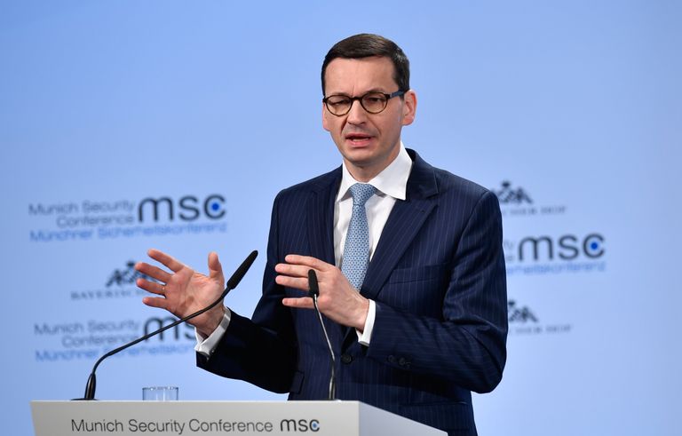 Премьер-министр Польши Матеуш Моравецкий во время Мюнхенской конференции по безопасности. 17 февраля 2018 года Премьер-министр Польши Матеуш Моравецкий во время Мюнхенской конференции по безопасности. 17 февраля 2018 года