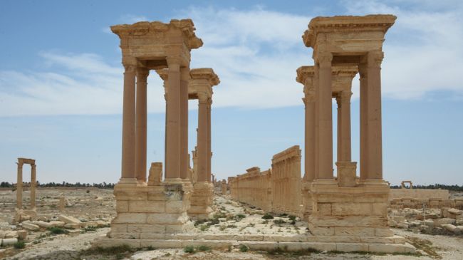Улица Колоннад и Тетрапилон в исторической части Пальмиры (вид со стороны долины гробниц). Архивное фото Улица Колоннад и Тетрапилон в исторической части Пальмиры (вид со стороны долины гробниц). Архивное фото