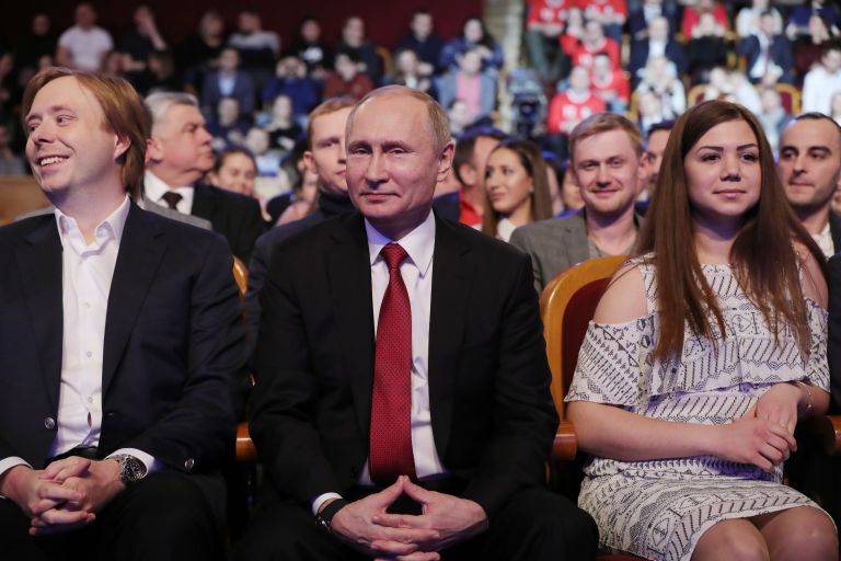 Владимир Путин во время посещения игры 1/8 финала Высшей лиги КВН. 9 марта 2018