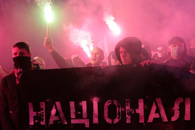 Марш во Львове, приуроченный к годовщине создания Украинской повстанческой армии (УПА, экстремистская организация, запрещена в России) и Дню защитника Украины